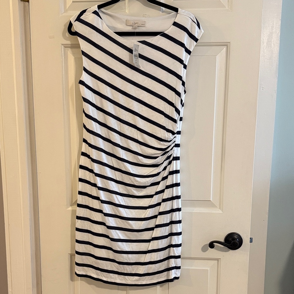 LOFT Asymmetrical Blue and White Striped Dress